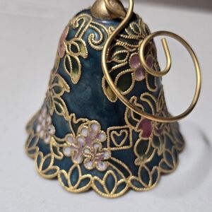 VTG  Christmas Bell Ornament Cloisonne Floral Design Spiral Hook Collectible